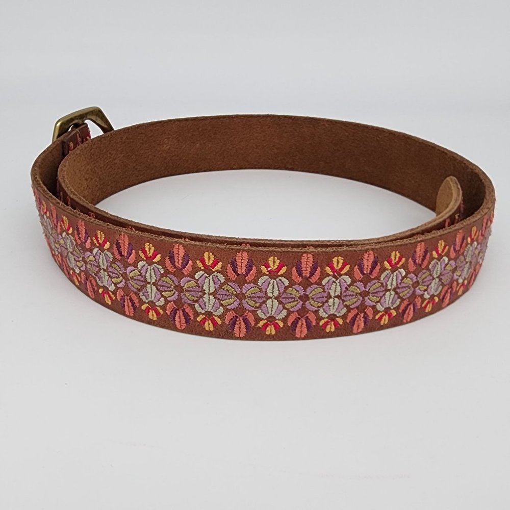 Lucky Brand Embroidered Leather Belt Purple Flowers on Brown Size M - Picture 5 of 8